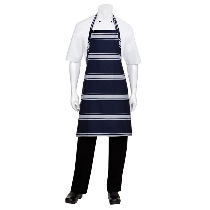 CHEF WORKS Navy Butcher Stripe Bib Apron Thumbnail